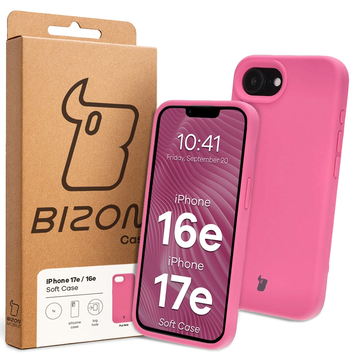 Przód pudełka Bizon Case z dedykowaną etykietą do Apple iPhone 17e/16e